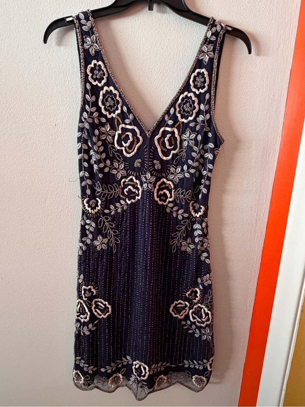 Frock and Frill Navy Embroidered V-Neck Floral Sheath Dress
